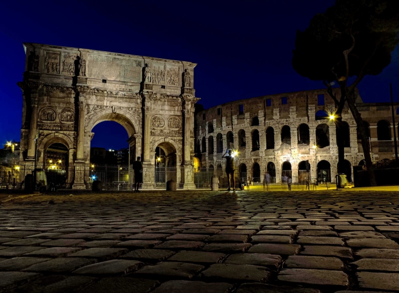 sky, ancient civilization, fori imperiali, night, outdoors, arc, cobblestone, tourism, lights, building exterior, buildings, eternal, street, rome, the eternal city