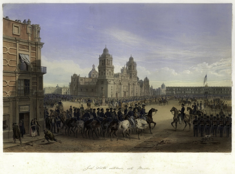 transfer print, the past, entrance, soldiers, scott, built structure, city, mexico, animal wildlife, people, real people, outdoors, public domain, visual Art