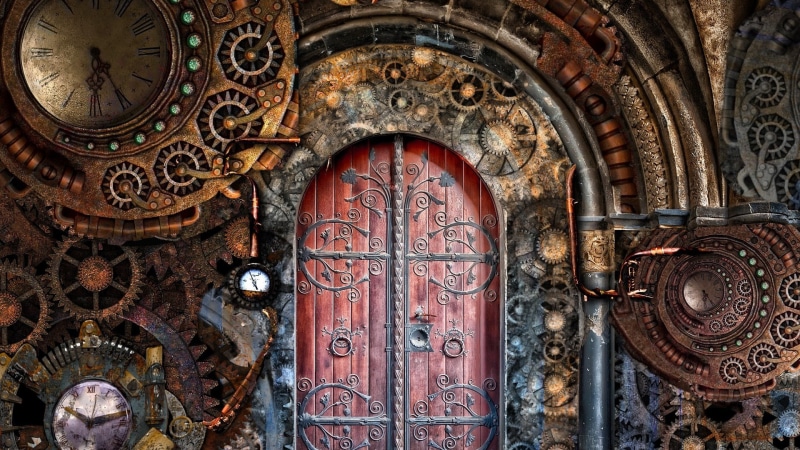 middle ages, gears, gothic, clock, steampunk, 1080P, door, brass, fantasy art, pipes