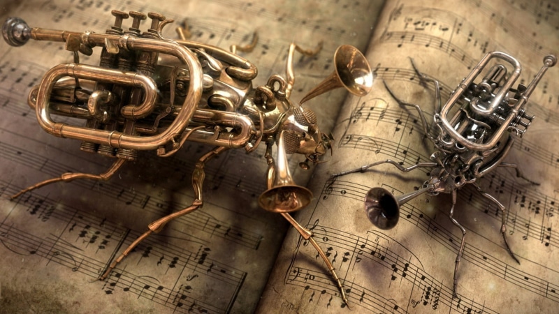 musical notes, musical instrument, music, insect, brass, 1080P, digital art, pages, books