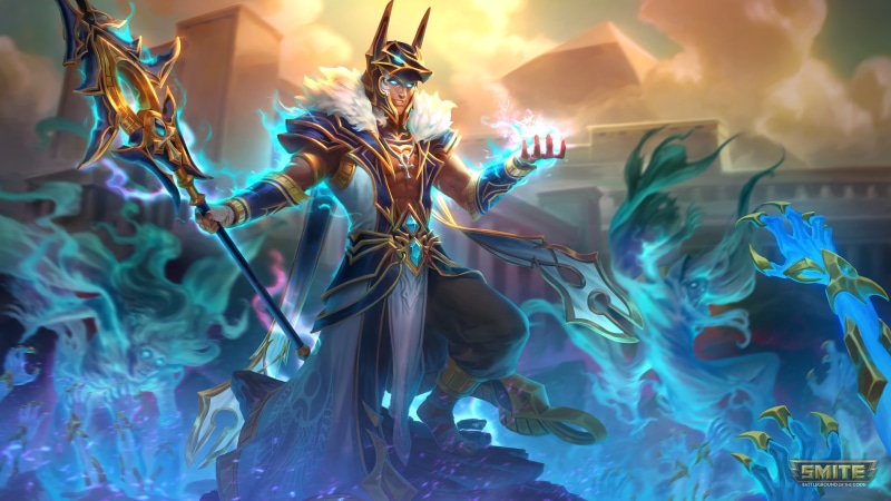 Anubis (Smite), Anubis, watermarked, 4K, Smite, armored, necklace, Egyptian mythology, souls, weapon