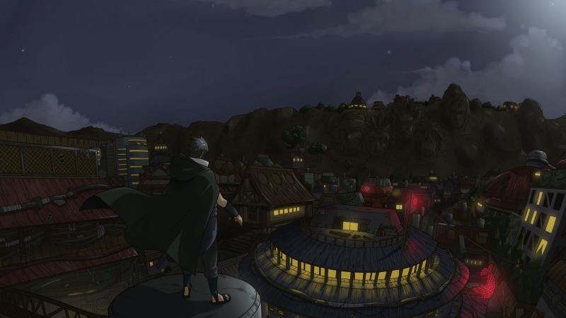 Naruto Shippuuden, Uchiha Sasuke, night, Konoha, village, Naruto (anime), 4K