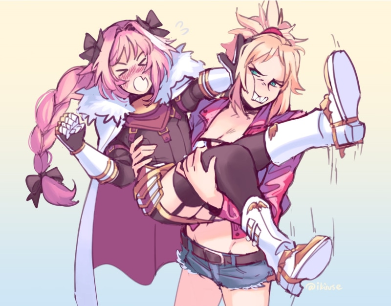 Rider of Black, young adult, two people, sky, Astolfo (Fate/Apocrypha), animal wildlife, disguise, Saber of Red, lifestyles, couple - relationship, standing