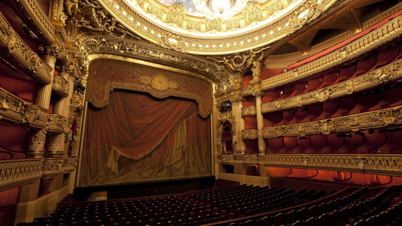gold colored, antique, music, low angle view, ornate, craft, architecture, stage - performance space, theatrical performance, stage theater, 1080P, ceiling