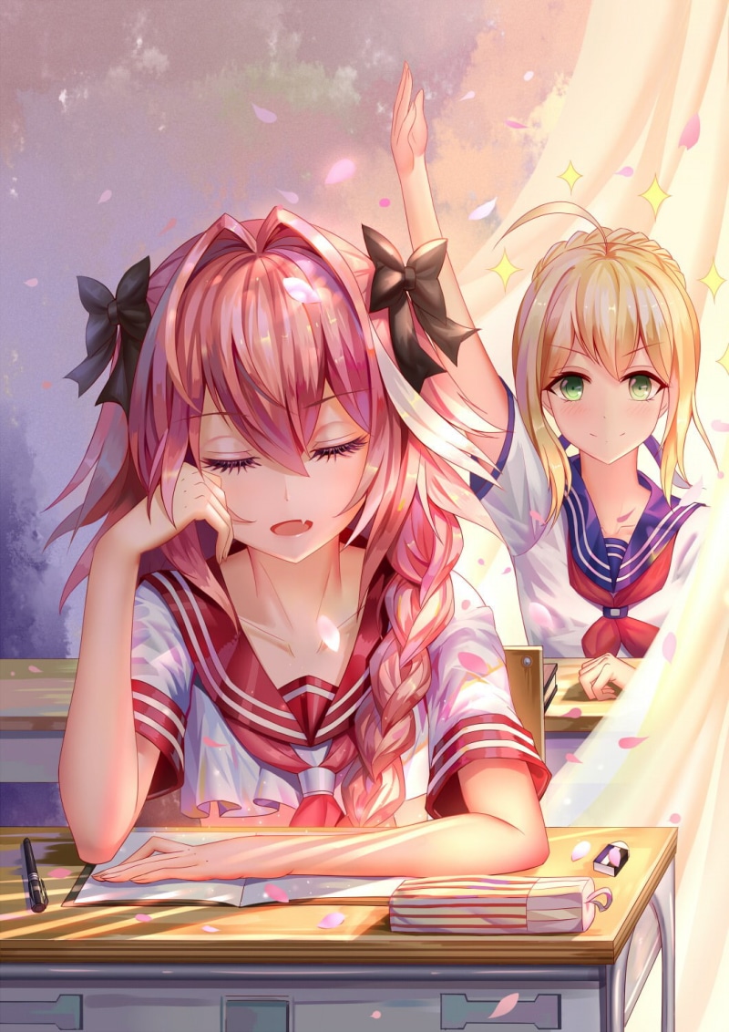 Astolfo, anime girls, emotion, girls, serious, adult, fun, young adult, young women, women, front view, beautiful woman, table, hairstyle, indoors, portrait
