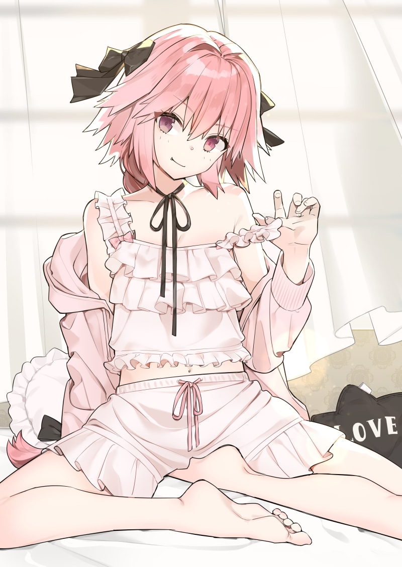 fan art, anime, long hair, bare shoulders, sunlight, 2D, messy hair, curvy, smiling, white bed sheets, Fate Series, belly button, pyjamas, femboy, Fate/Apocrypha