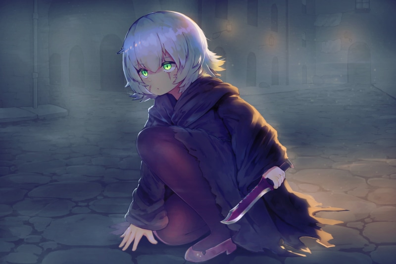 Fate/Apocrypha, black stockings, loli, 2D, fantasy weapon, Fate Series, anime girls, 2K, grey hair, Jack the Ripper (Fate/Apocrypha), green eyes, Assassin of Black