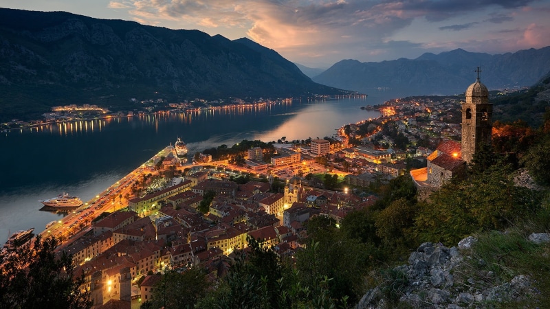 beauty in nature, scenics - nature, high angle view, 1080P, city, outdoors, cloud - sky, tranquil scene, tranquility, sunset, Kotor (town), tree, water