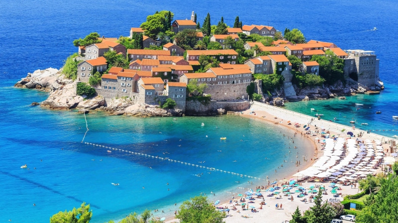 montenegro, houses, 4K, ship, europe, sveti stefan, island, beach, travel