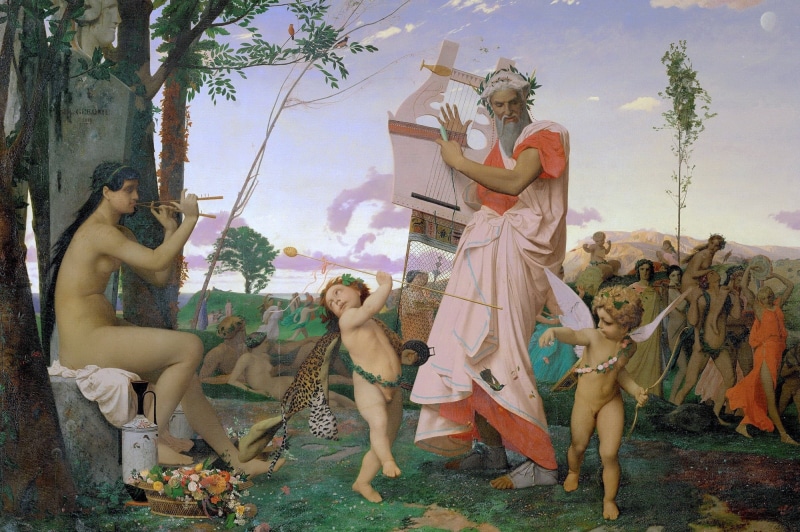 mythology, picture, The Anacreon, 1080P, Jean-Leon Gerome, Bacchus and Cupid