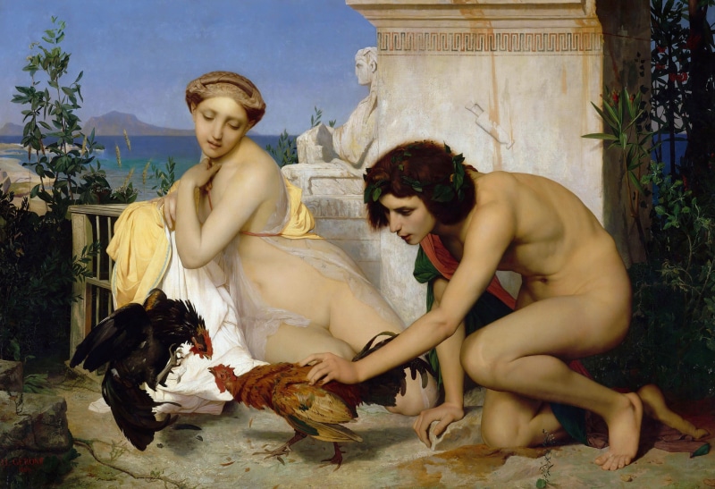 couple - relationship, togetherness, human representation, nature, people, picture, clothing, full length, touching, fashion, rooster, mythology, Young Greeks Cock Fight