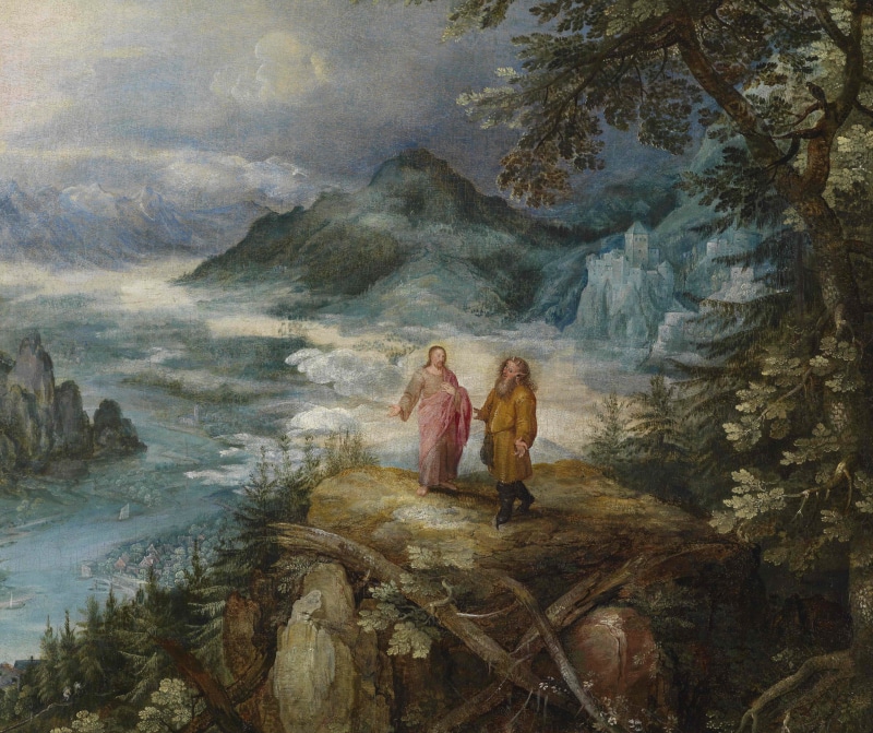 Mountain Landscape with the Temptation of Christ, religion, 2K, mythology, picture, Jan Brueghel the elder