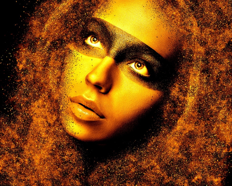 art, head, beautiful woman, brown, view, portrait, close, gold colored, wearing, body part, looking at camera, close-up, pretty, makeup, human body part