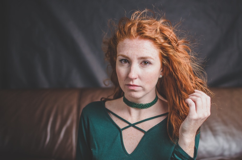 style, contemplation, lady, adult, hair, model, casual clothing, actress, young adult, green, professional, serious, shallow, portrait, redhead, studio