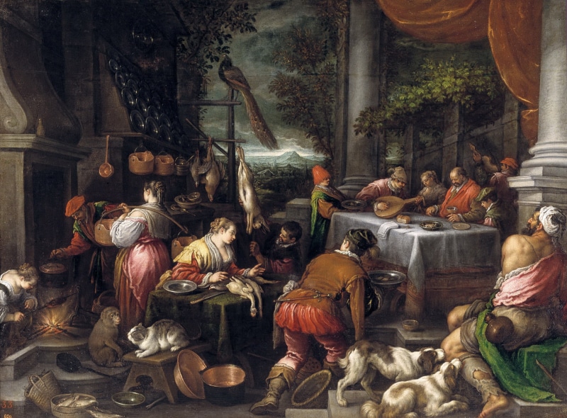 people, The rich man and Lazarus, Leandro Bassano, animals, picture, mythology, 1080P, genre