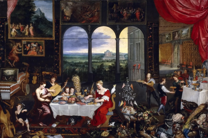 picture, table, Taste, feelings, people, 1080P, Hearing and Touch, Jan Brueghel the elder, genre, interior