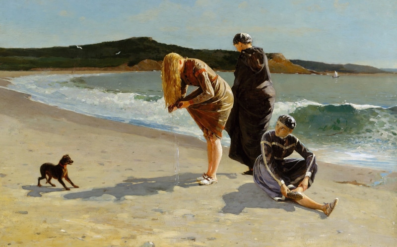 dog, 2K, sea, genre, Winslow Homer, High Tide, people, picture, shore