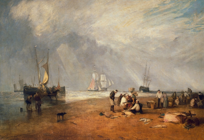 seascape, shore, sail, sea, people, ship, William Turner, Fish Market at Hastings beach, genre, picture, 1080P