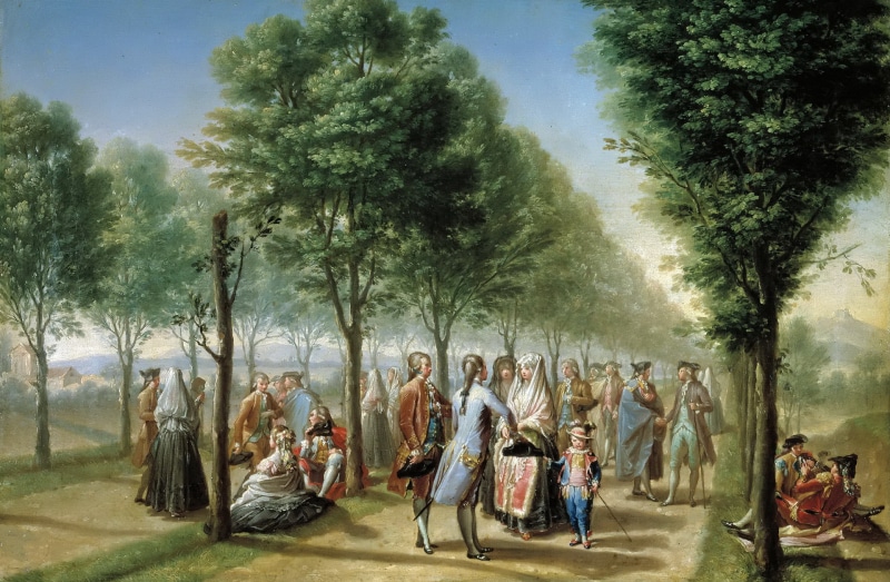A walk in Madrid Park, Francisco Bayeux and Subias, trees, genre, 1080P, people, alley, picture