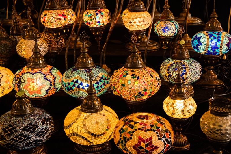 mosaic, no people, arrangement, light, colorful, illuminated, decoration, indoors, retail, 5K, oriental, large group of objects, lamp, collection, market