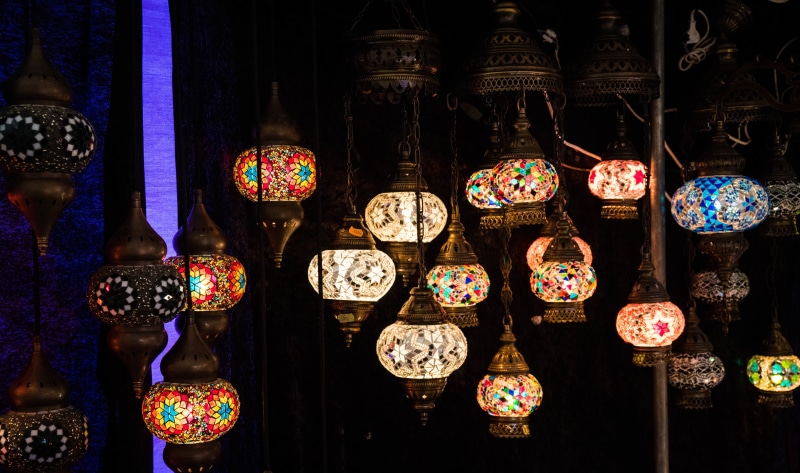low angle view, istanbul, lighting equipment, turkey, choice, ornate, no people, lantern, creativity, floral pattern, oriental, colorful, large group of objects