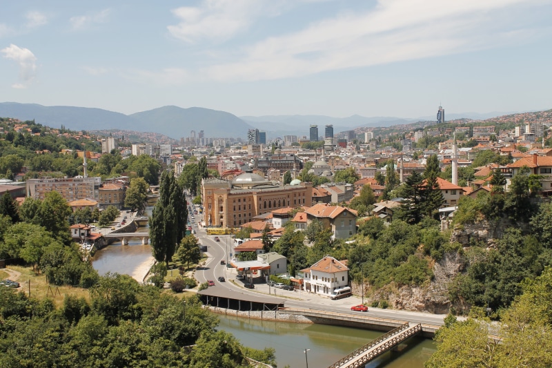 outdoors, no people, sky, building exterior, tree, water, cloud - sky, high angle view, cityscape, city, bosnia and herzegovina, architecture, 4K, nature