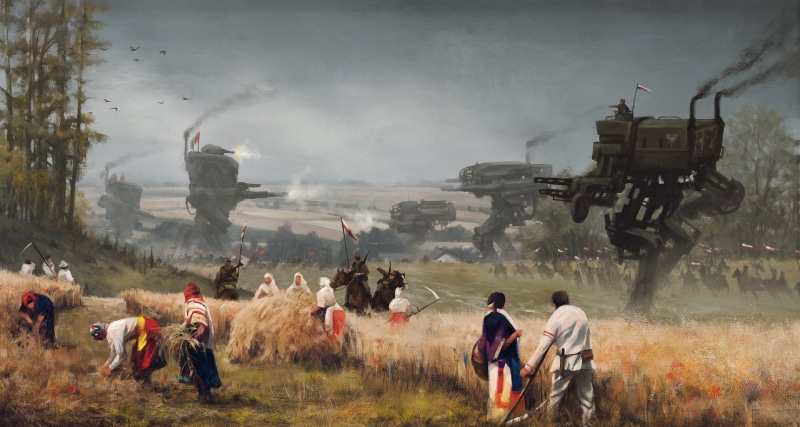 robot, war, soldier, Jakub Różalski, landscape, scythe, 1080P, science fiction, illustration