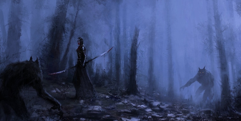 character, fantasy art, forest, land, tree, mammal, vampires, beauty in nature, people, horse, werewolves, 720P, fog, woman, Jakub Różalski