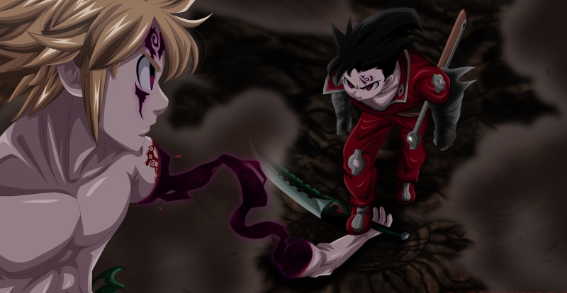 women, character, hair, close-up, Zeldris, dancing, real people, demon, clothing, black, fight, Meliodas, standing, blade, sword, oni, ken, indoors, one person