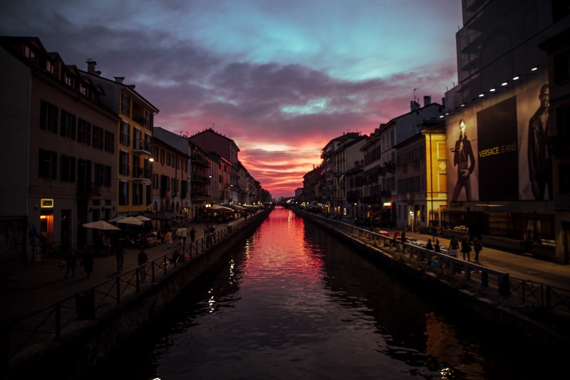 waterfront, teal, transportation, navigli lombardi, italia, channel, water, people, building exterior, illuminated, no people, sunset, canal, city, sky