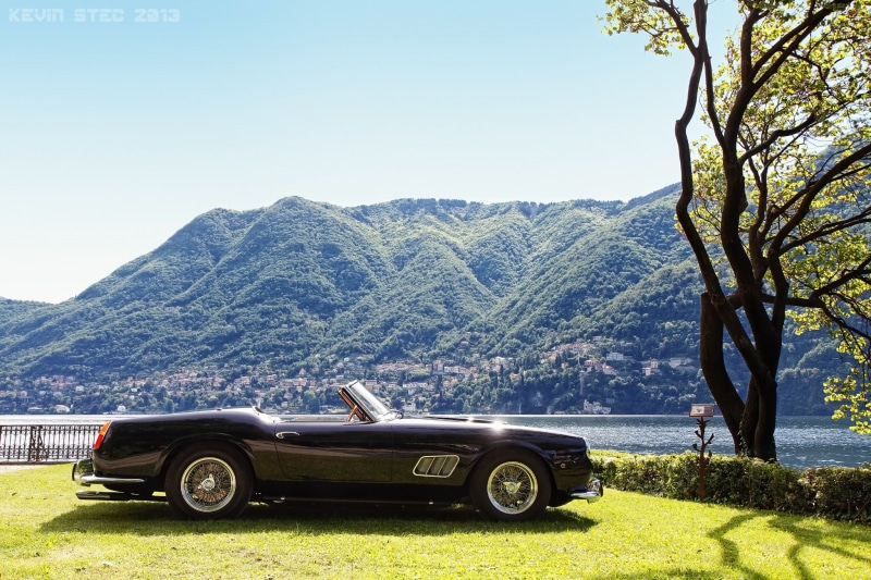 land vehicle, transportation, scenics - nature, Ferrari 250 GT SWB, no people, mountain range, mountains, retro, Italy, sky, black, nature, tree, lawn