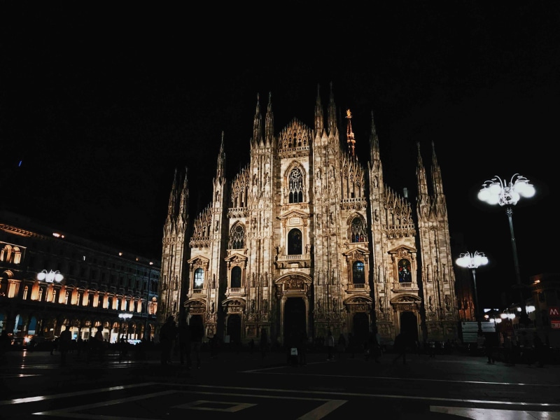 built structure, illuminated, milano, building, cathedral, church, milan, building exterior, history, sky, italy, street, city, architecture, duomo, incidental people