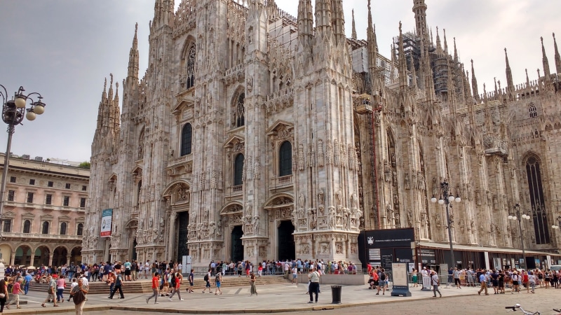 place of worship, outdoors, travel, city, tourism, 2K, gothic Style, the past, sky, history, women, milan, building exterior, piazza Del Duomo - Milan