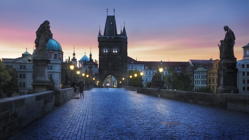 city, sculpture, religion, the past, built structure, sunset, sky, czech republic, 4K, building, architecture, history, bridge, illuminated, travel destinations
