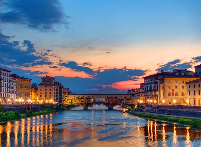 waterfront, italy, europe, lights, sunset in florence, white, bridge - man made structure, water, river, old, scenic, florence, no people, beside, buildings