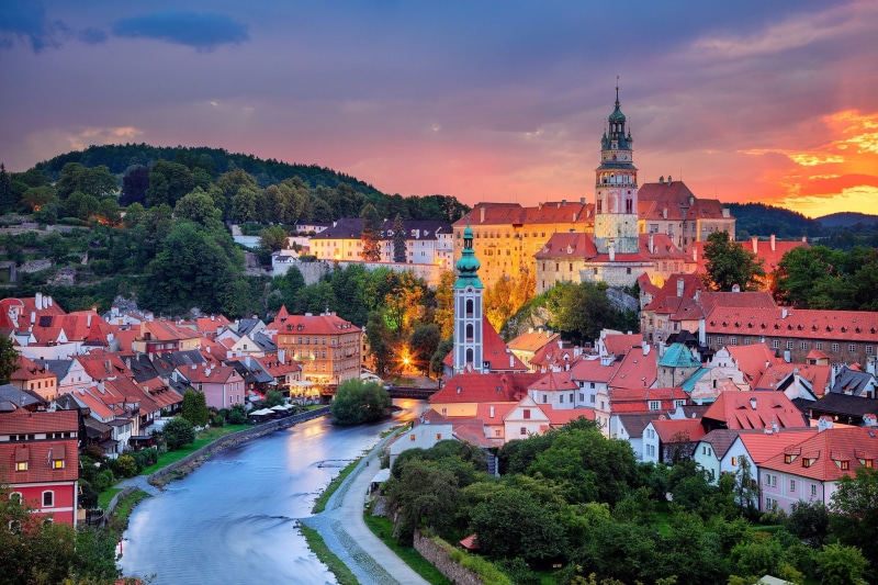 home, Czech Republic, Český Krumlov, river, sunset, 1080P, Cesky Krumlov, building, The Vltava River, Vltava River