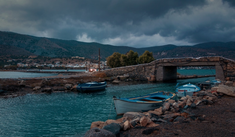 vision, mountain, built structure, blue light, boats, photo, greek island, clouds, beauty in nature, dusk, outdoors, mode of transportation, color game
