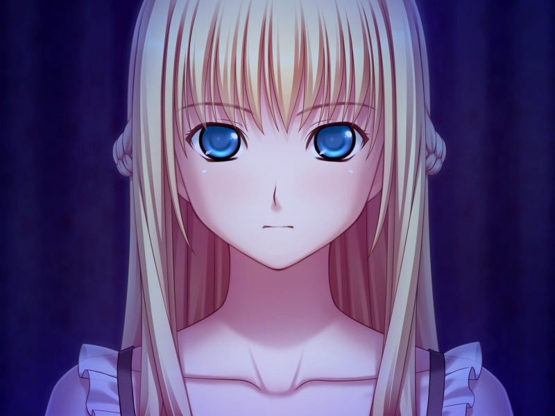 representation, close-up, Kanojo to kanojo to watashi no nanabi, Blue eyes, studio shot, Amishiro anna, blue background, still life, indoors, no people