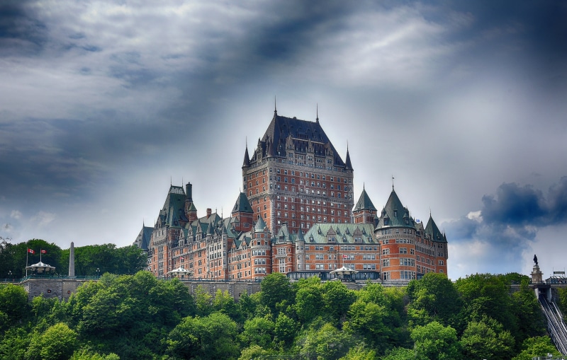 2K, Canada, Chateau Frontenac, clouds, Quebec, trees, castle, greens, the sky