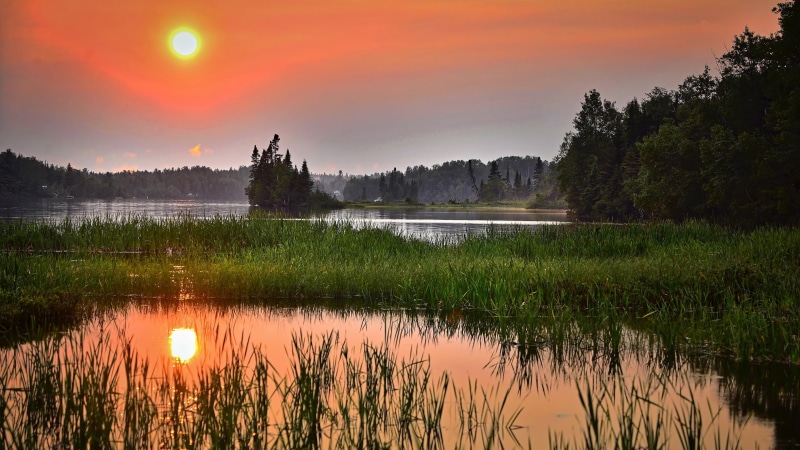 sky, canada, quebec, wetland, 4K, sunlight, river, tree, landscape, bank, evening, reflection, nature, water, sunset, wilderness