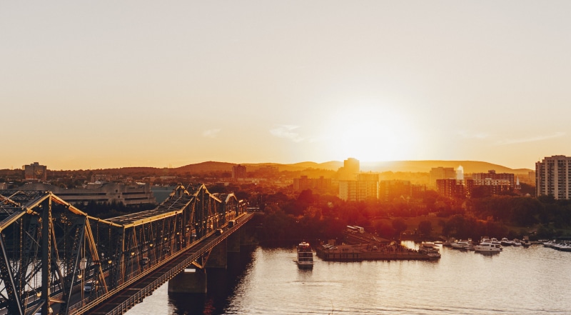buildings, river, ottawa, bridge, cityscape, building, transportation, built structure, sky, water, sun, connection, boats, travel destinations, 4K, no people
