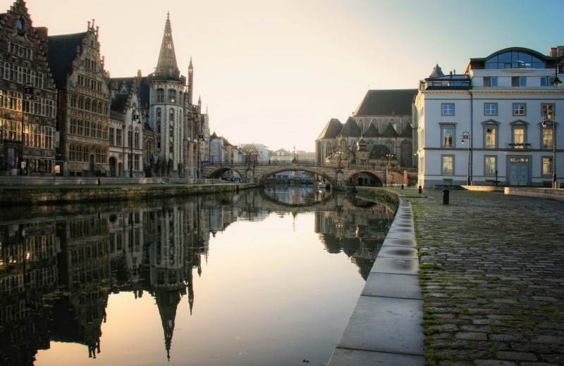 Belgium, old bridge, waterfront, arch bridge, Gent, building, 720P, bridge, cityscape, canal, street light, city, connection, building exterior, tower