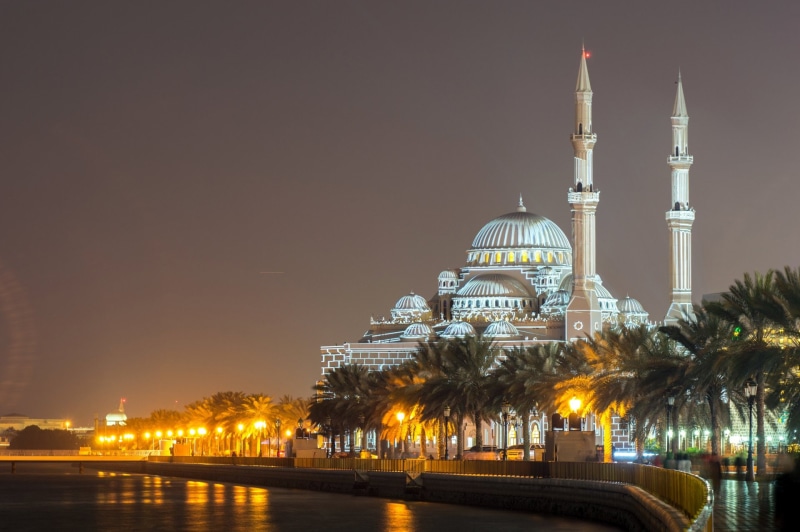Sharjah, Mosques, United Arab Emirates, 1080P, Mosque, Night, Architecture, Building, Al Noor Mosque