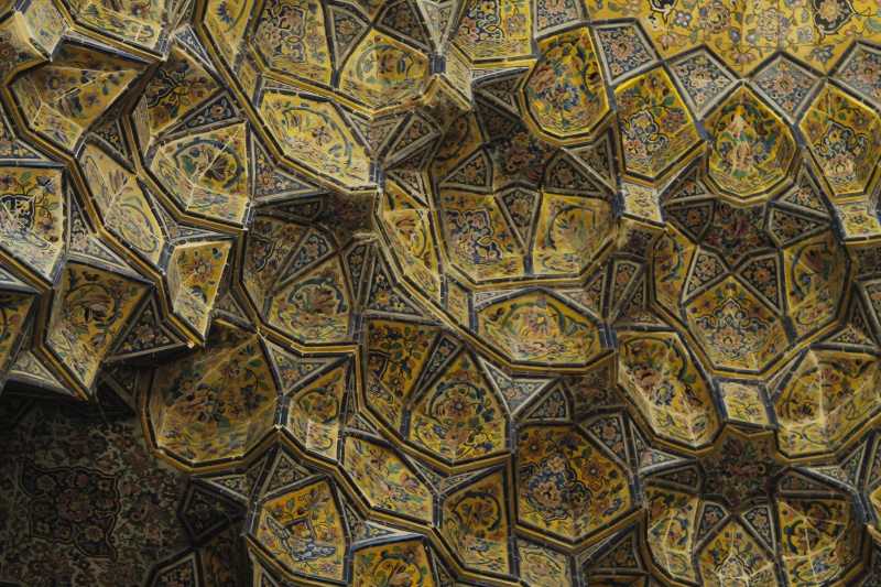 ceiling, full frame, floral pattern, backgrounds, architecture, decoration, no people, tiled floor, wall - building feature, craft, history, isfahan, close-up