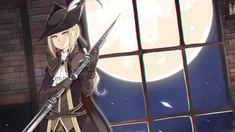 moon, human representation, low angle view, architecture, spear, night, front view, built structure, glass - material, lady maria of the astral clocktower