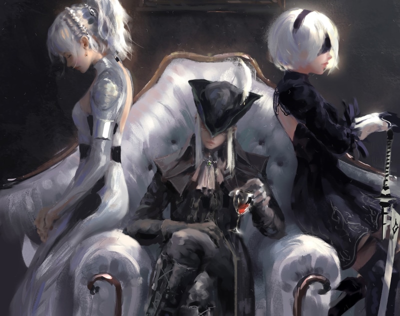 hat, painting art, artwork, digital art, Luna, glass of wine, fantasy, feather, couch, girls, fantasy art, Nier: Automata, wine, weapon, Lady Maria, Final Fantasy XV