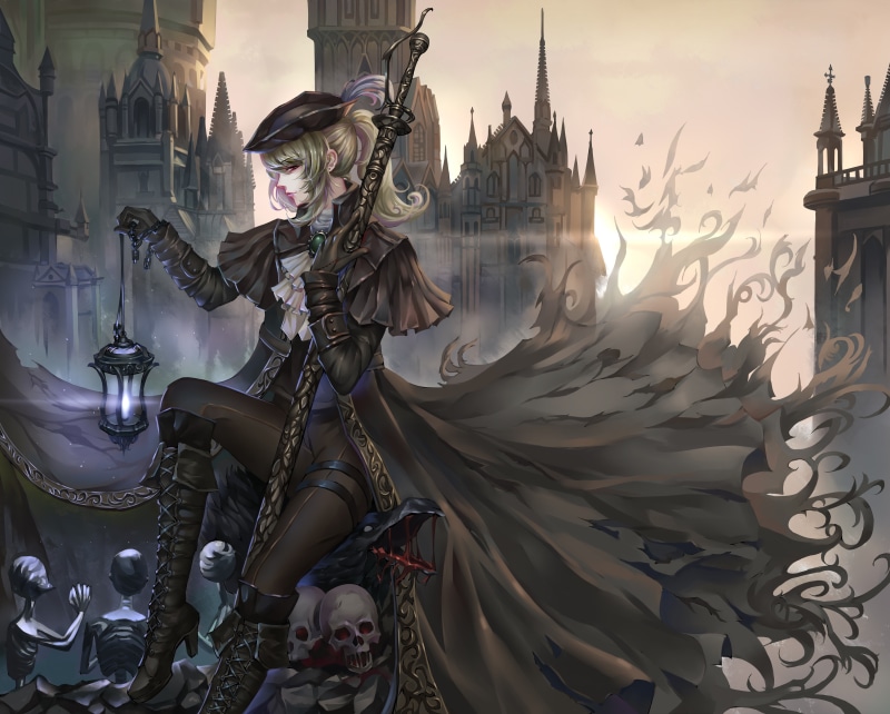 Building, Skeleton, Weapon, Green Hair, Ponytail, Long Hair, Video Game, Gothic, Lady Maria (Bloodborne), Lantern, Sunrise, Boots, 4K, Bloodborne, Sword