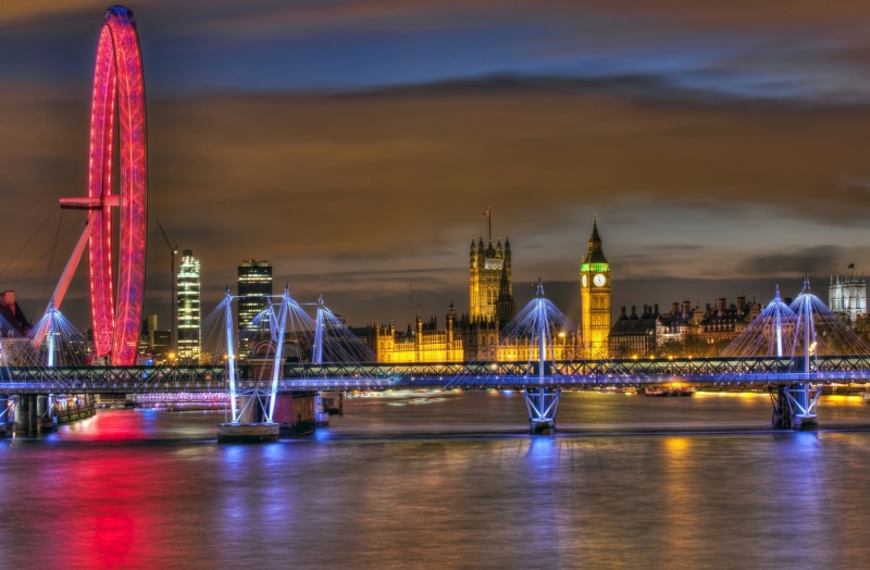 river, Westminster Palace, london, Thames, kindgom, 1080P, Night, city, London Eye, evening, ondon, the Ferris wheel, the London Eye, England, united