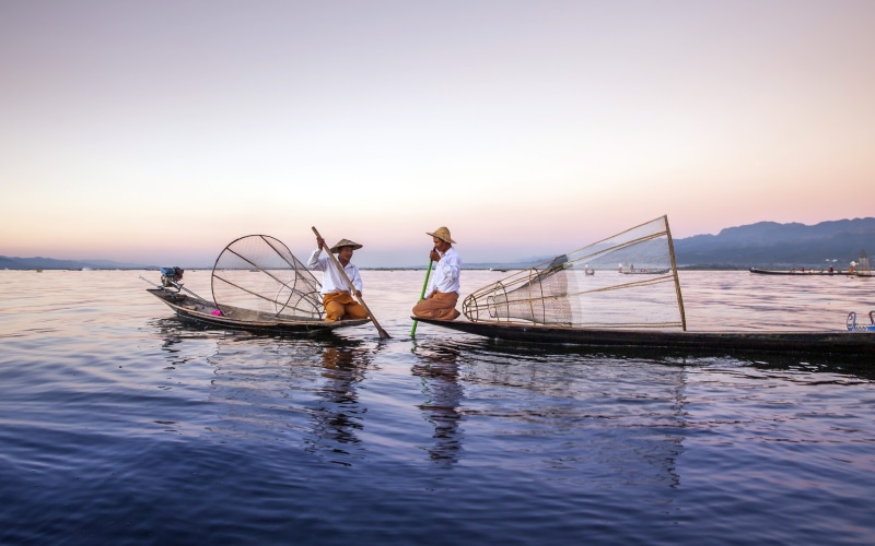sky, occupation, outdoors, 4K, inle, activity, myanmar, beauty in nature, scenics - nature, waterfront, fisherman, transportation, nautical vessel, sea