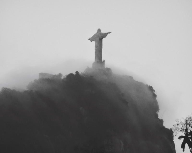 fog, sculpture, low angle view, sky, ipanema, architecture, built structure, building, building exterior, day, nature, rio de janeiro, religion, history